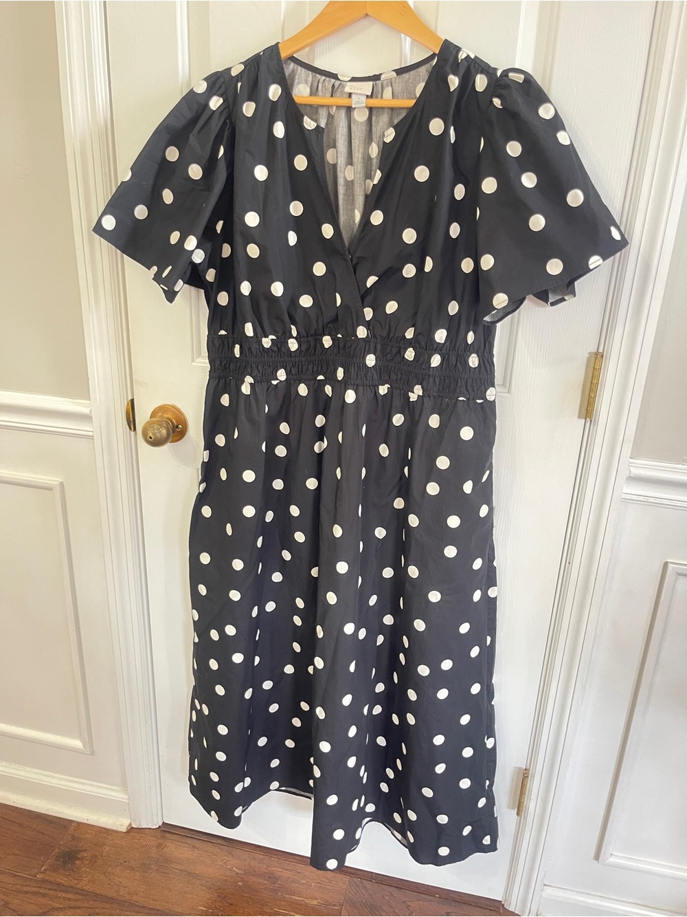 A New Day Midi Dress Large Polka Dot Pockets Black & White Smock Waist